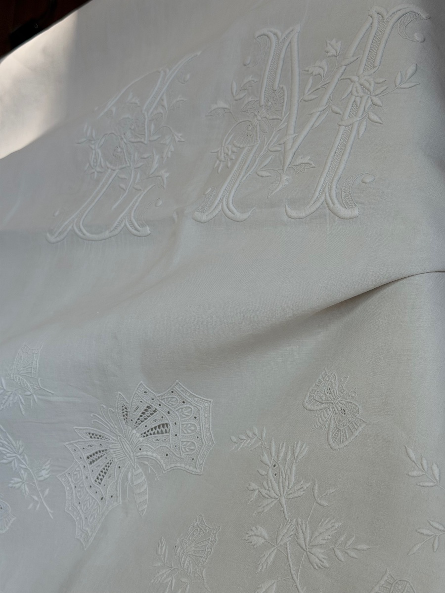 Antique Linen Sheet, 234 × 343 Cm – Large Lm Monogram, 33 × 17 Cm – Butterfly Embroidery-photo-3