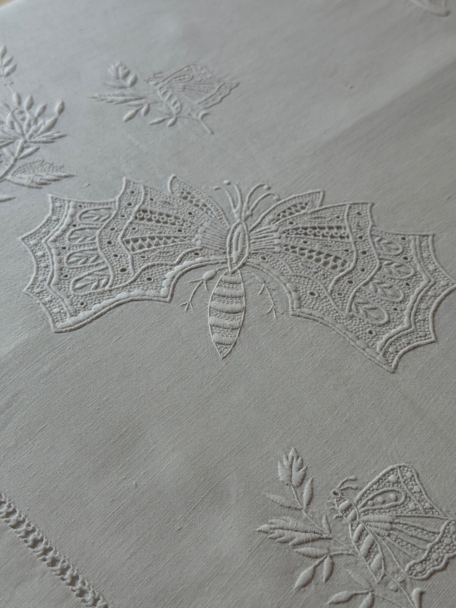 Antique Linen Sheet, 234 × 343 Cm – Large Lm Monogram, 33 × 17 Cm – Butterfly Embroidery-photo-6