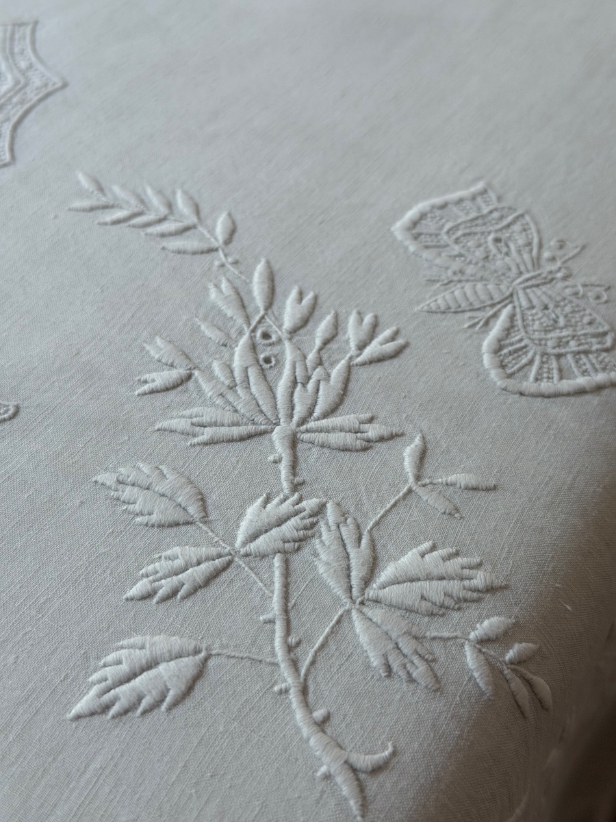 Antique Linen Sheet, 234 × 343 Cm – Large Lm Monogram, 33 × 17 Cm – Butterfly Embroidery-photo-7