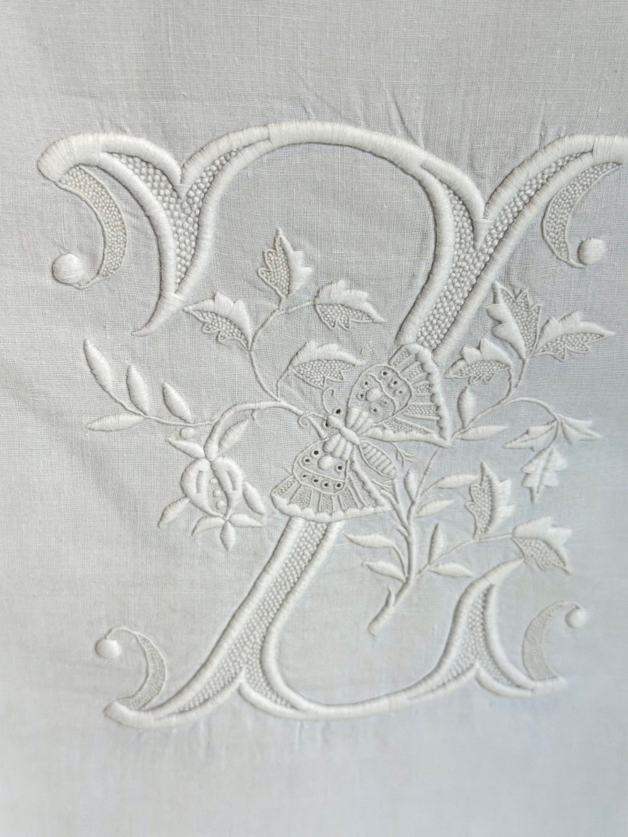 Antique Linen Sheet, 234 × 343 Cm – Large Lm Monogram, 33 × 17 Cm – Butterfly Embroidery-photo-8