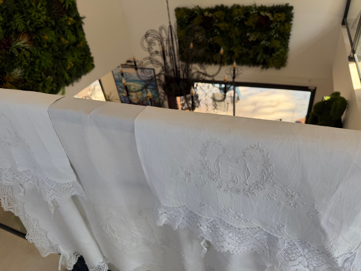 Parure trousseau ancienne en fil de lin Drap de mariage et ses 2 taies Monogramme CG Dentelle -photo-2