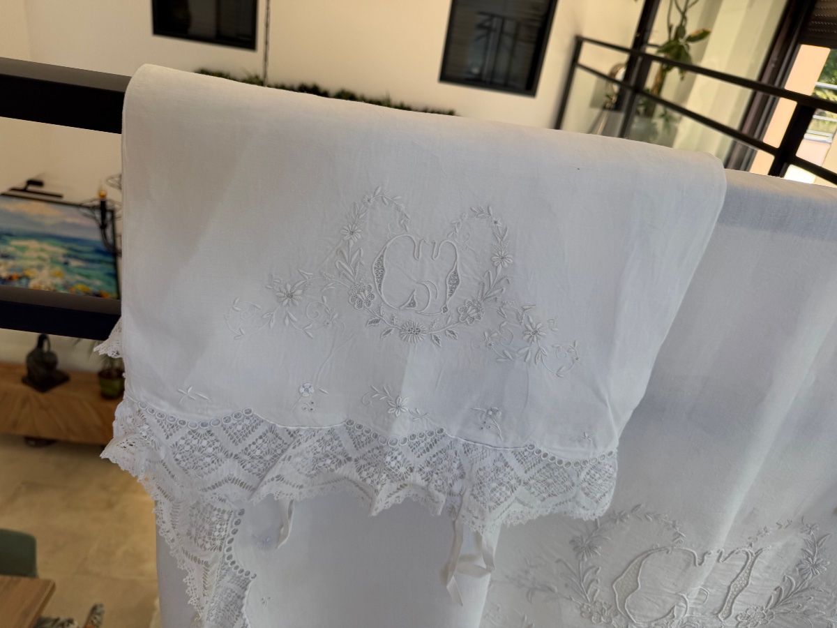 Parure trousseau ancienne en fil de lin Drap de mariage et ses 2 taies Monogramme CG Dentelle -photo-3