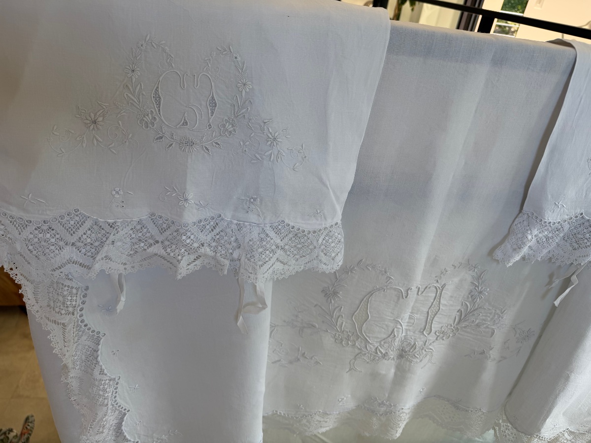 Parure trousseau ancienne en fil de lin Drap de mariage et ses 2 taies Monogramme CG Dentelle -photo-4