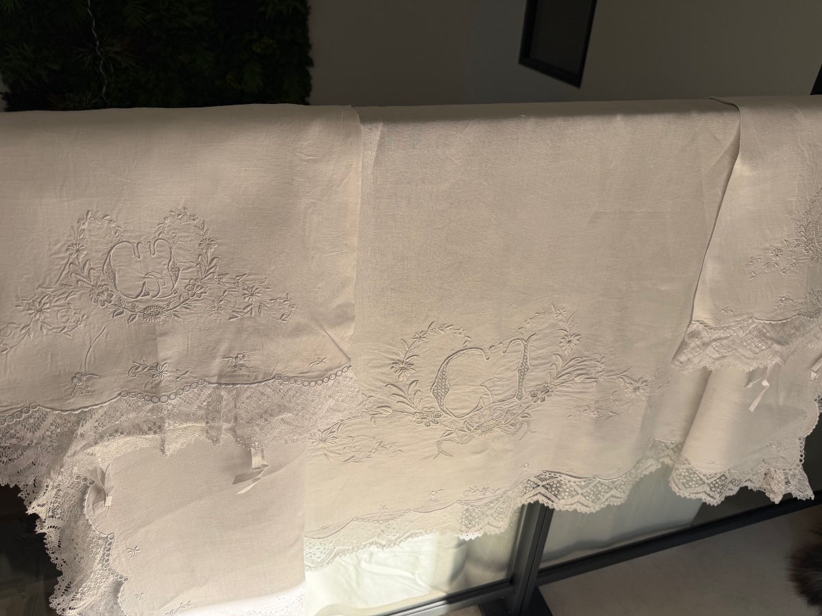 Parure trousseau ancienne en fil de lin Drap de mariage et ses 2 taies Monogramme CG Dentelle -photo-4