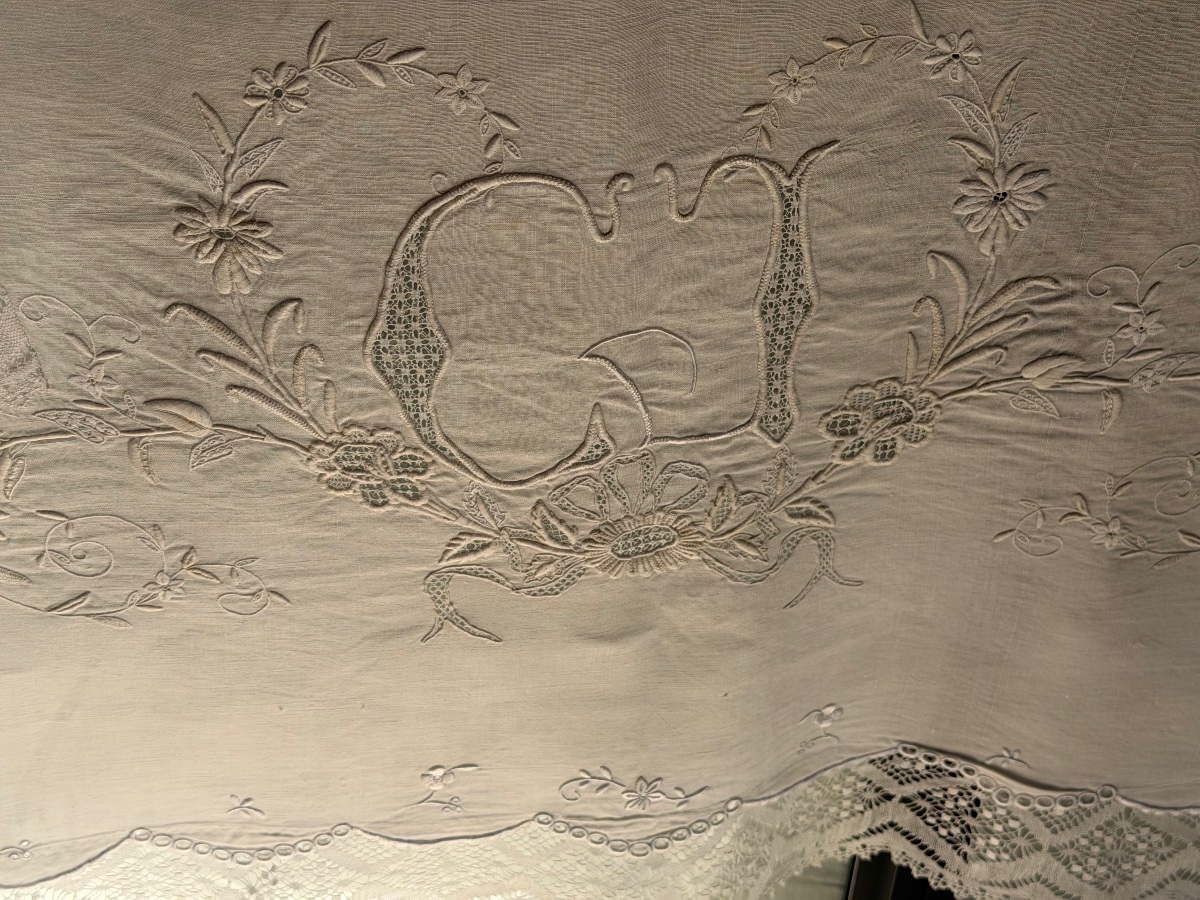 Parure trousseau ancienne en fil de lin Drap de mariage et ses 2 taies Monogramme CG Dentelle -photo-5