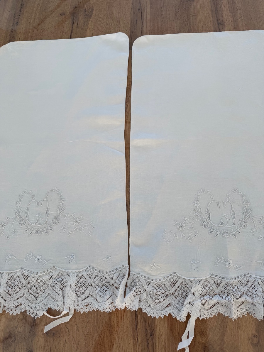 Parure trousseau ancienne en fil de lin Drap de mariage et ses 2 taies Monogramme CG Dentelle -photo-6