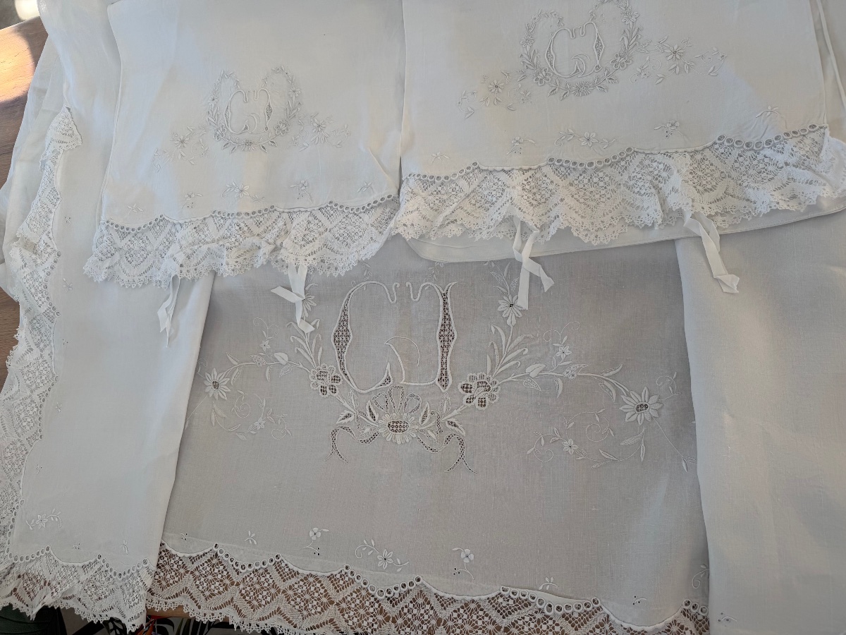 Parure trousseau ancienne en fil de lin Drap de mariage et ses 2 taies Monogramme CG Dentelle -photo-7