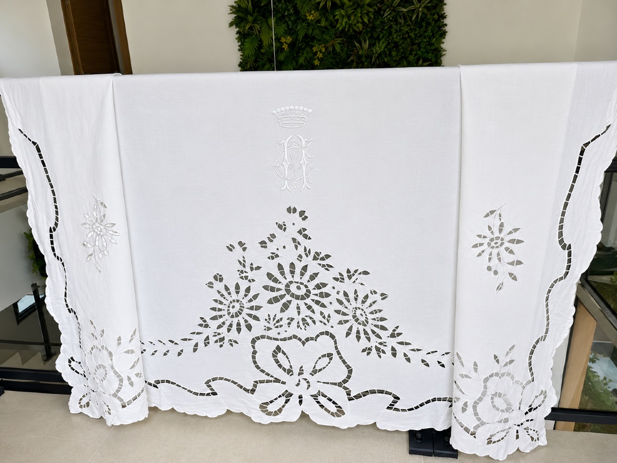 Antique Linen Sheet, "mc" Monogram Beneath A Count's Crown, Richelieu Embroidery, Late 19th Century, 240x350-photo-2