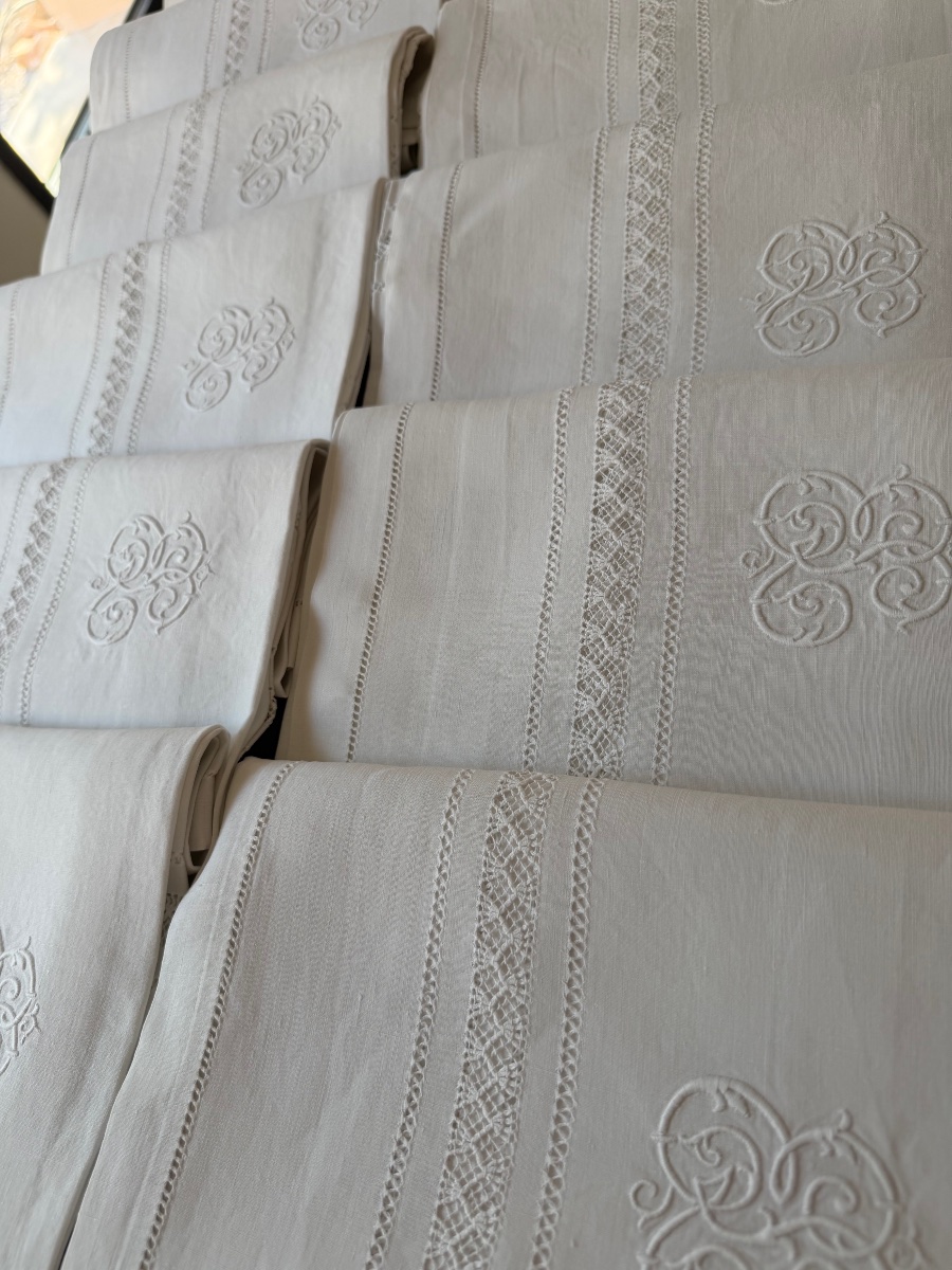 12 Vintage Linen-thread Napkins, Hand-embroidered Monogram, Needle-lace Design, 85x68-photo-3
