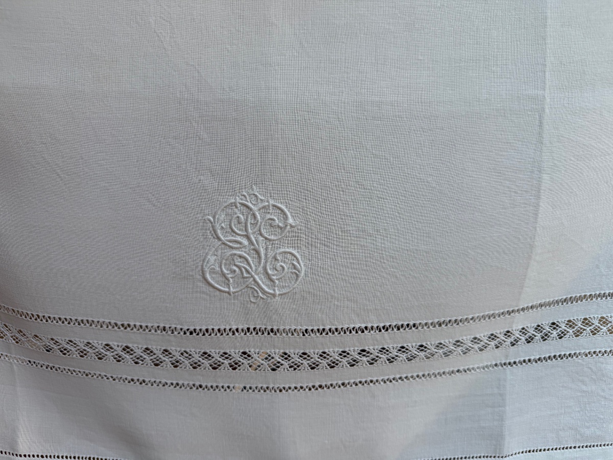 12 Vintage Linen-thread Napkins, Hand-embroidered Monogram, Needle-lace Design, 85x68-photo-5