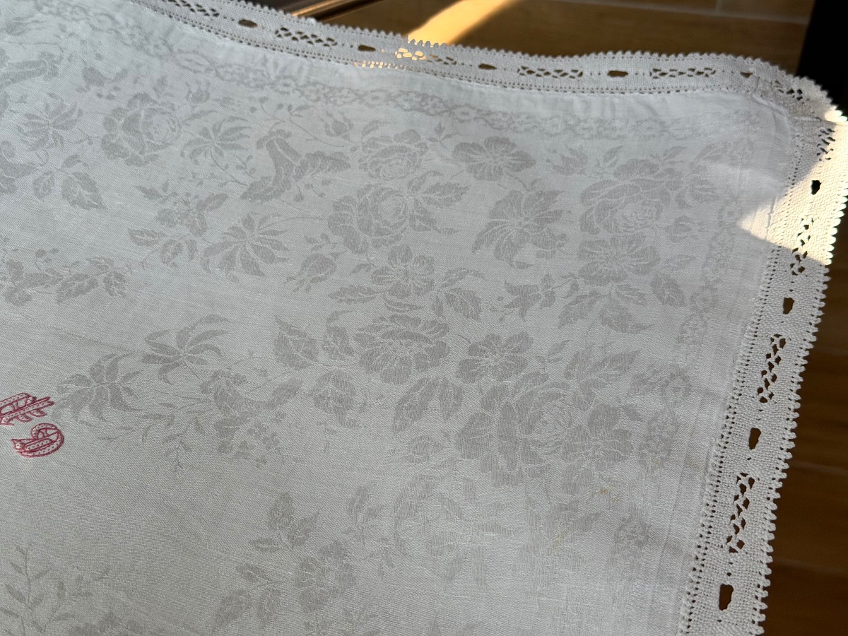 Service de table ancien lin damassé, nappe ovale 11 serviettes,monogramme GP, fin Napoléon  III-photo-4
