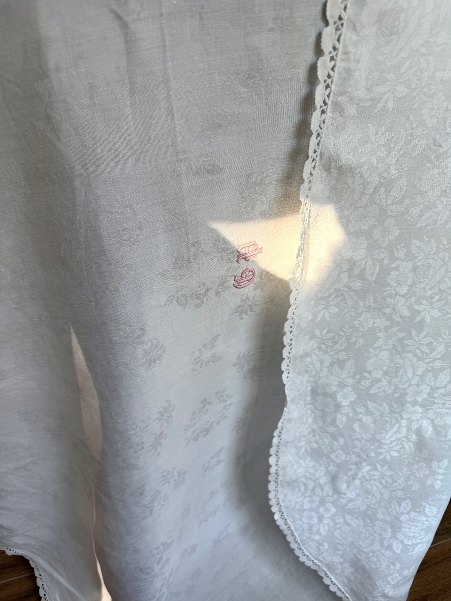 Service de table ancien lin damassé, nappe ovale 11 serviettes,monogramme GP, fin Napoléon  III-photo-6
