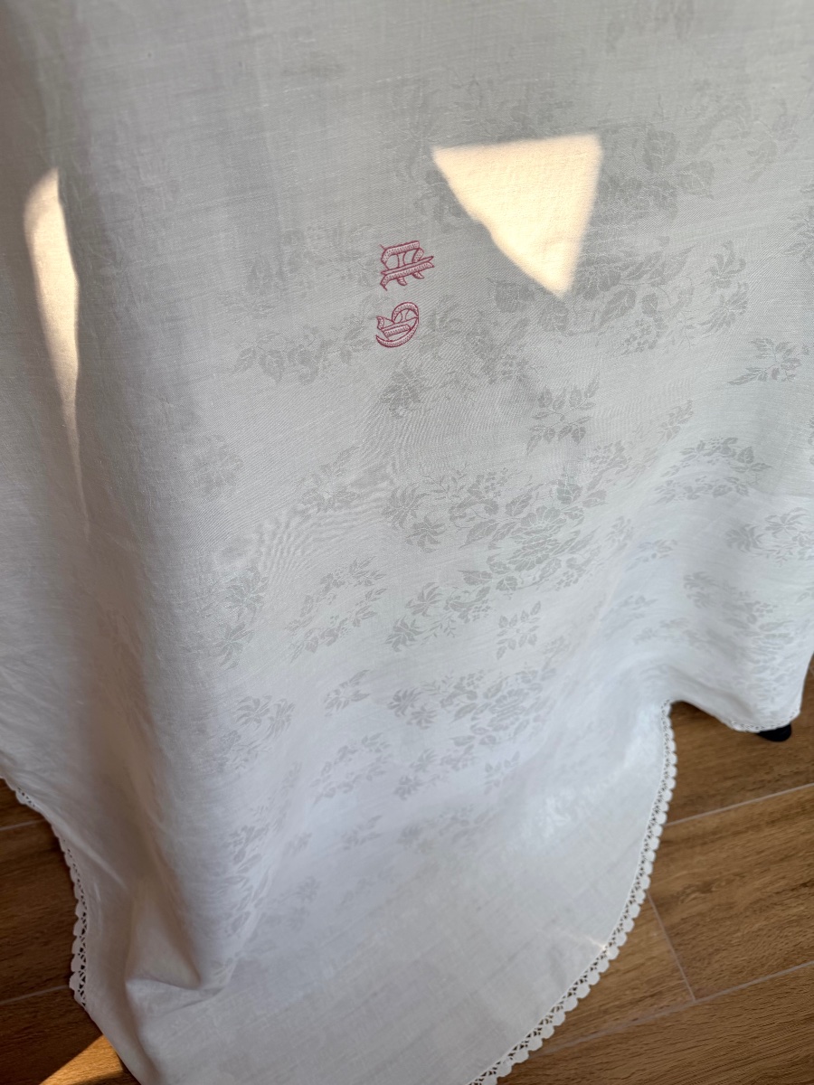 Service de table ancien lin damassé, nappe ovale 11 serviettes,monogramme GP, fin Napoléon  III-photo-7