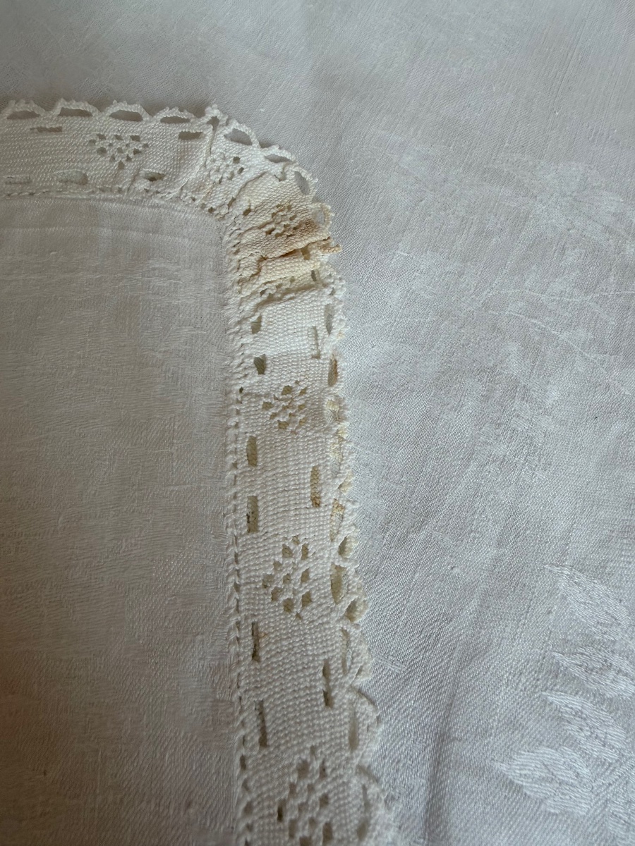 Service de table ancien lin damassé, nappe ovale 11 serviettes,monogramme GP, fin Napoléon  III-photo-4