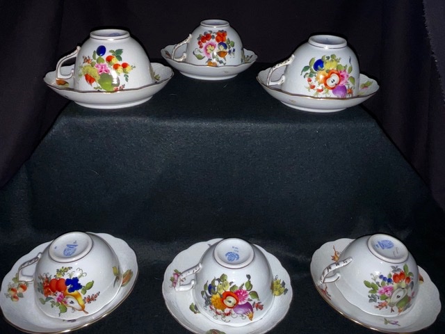 Rare service à thé en porcelaine de Herend Théière, sucrier, pot à lait, 6 tasses 6 soucoupes -photo-5