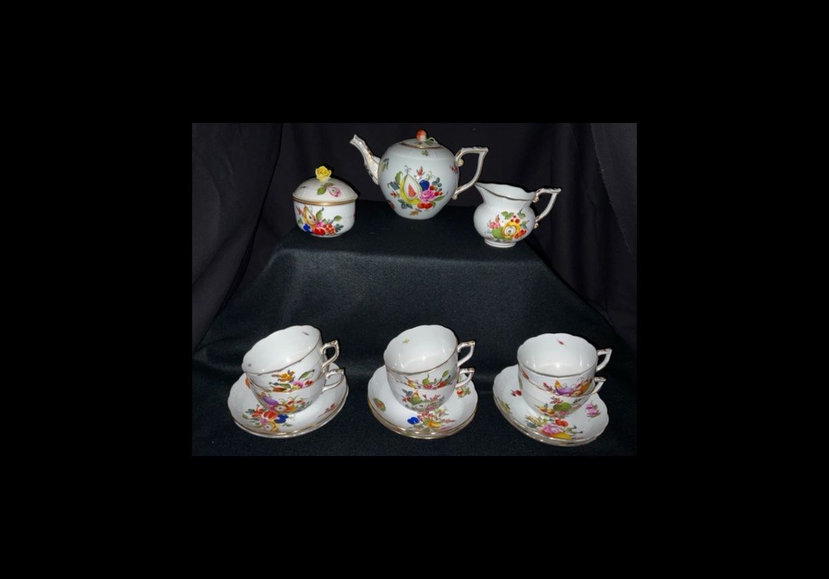 Rare service à thé en porcelaine de Herend Théière, sucrier, pot à lait, 6 tasses 6 soucoupes -photo-6