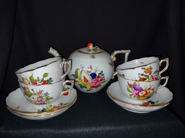 Rare service à thé en porcelaine de Herend Théière, sucrier, pot à lait, 6 tasses 6 soucoupes -photo-8