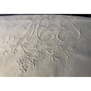 Old Linen Tablecloth, Deer Hunting Damask, Huge Mg Monogram, Old Castle Linen