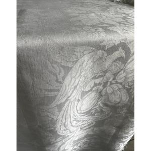 Old Napoleon Tablecloth 3 Damask Birds, Lily Flowers, 230x210, Fringes, White Linen Thread