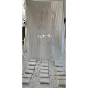 Reception Service Old Thread Linen Tablecloth 540x185 18 Napkins 67x67 Embroidery Monogram Lace