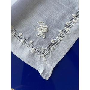 Old 19th Century Linon Handkerchief Griffon Embroidery Under Comtale Crown Lily Flowers