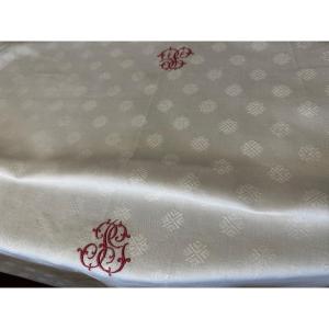 Old Refined 19th Century Linen Silk Tablecloth, Double Monogram Red Pgdamask 360x190