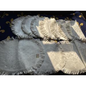 11 serviettes anciennes ovale damas lin & soie, floral, franges,fin XIXe,29x37 broderie offerte