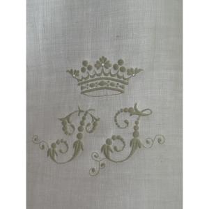 Paire de taies d’oreiller anciennes, monogramme JP sous couronne de marquis – Linge de château,