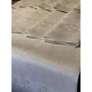 Service de table ancien complet pur lin damassé nappe et 12 serviettes résevé broderie blason