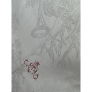 Antique Tablecloth In Refined Damask With A Fox Hunt Motif – Monogram Ha – Linen Thread – 19th Century