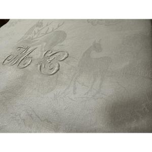 Grande nappe ancienne 525x206, chasse à courre, chevaux, cavaliers, cerfs, château, XIXe