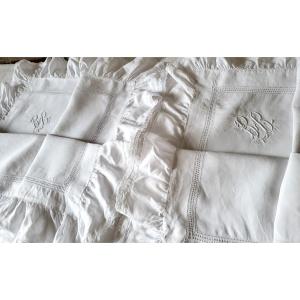 Linen Pillowcases And Pillowcases Set, 10cm Flounce, Monogrammed Bb, 86x86cm, 19th Century, Excellent Condition