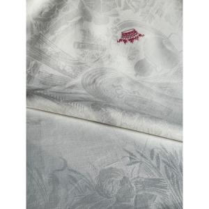 Reception Tablecloth 436 X 240 Cm In Pure Linen Damask With Cherub Medallions And A Crown