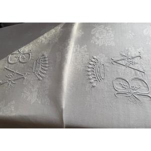 Large Antique Linen Damask Tablecloth, 346 X 133 Cm, Decorated With Birds And A Crowned Monogram Ab.