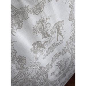 Antique Tablecloth 540 X 245 Cm And 14 Damask Linen And Silk Napkins, Figurative Cherub Design