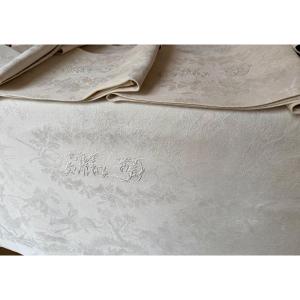 11 serviettes anciennes damassées décor chasse à courre, monogramme MD brodé main – 77 x 75 cm