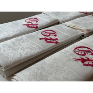 Belle époque White Damask Tableware Set (circa 1890–1910), Tablecloth 288x172, 11-piece Set 87x74