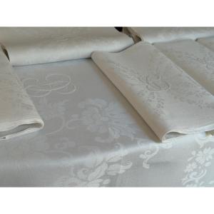 Antique Damask Linen-silk Table Linen Set – 2.90 X 2.05 M – 11 Large Napkins – Mo