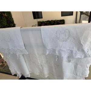 Parure trousseau ancienne en fil de lin Drap de mariage et ses 2 taies Monogramme CG Dentelle 