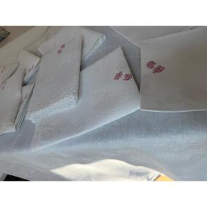 Antique Damask Table Linen Set, Oval Tablecloth And 11 Napkins, Monogrammed "gp," Late Napoleon III Period