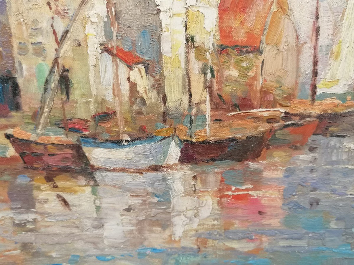 "boats At The Quay" View Of Martigues - Signed By Mj Roux - 20th Century - -photo-6