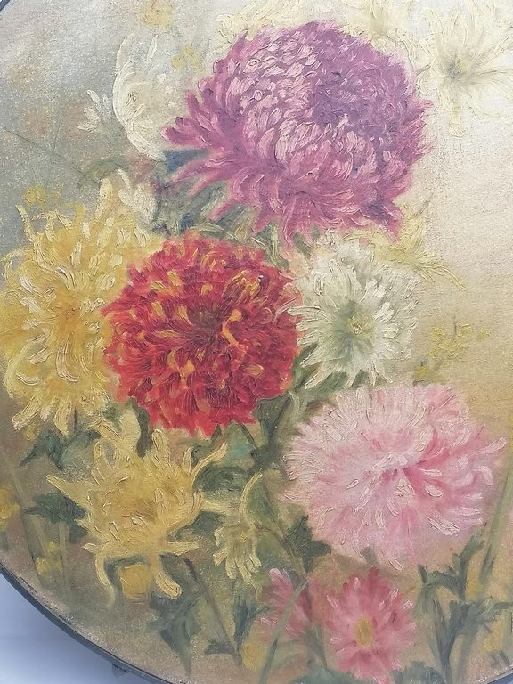 Le Bouquet De Fleurs  « dahlia » - XIXème - Peinture à l'Huile Sur Tambourin -photo-2