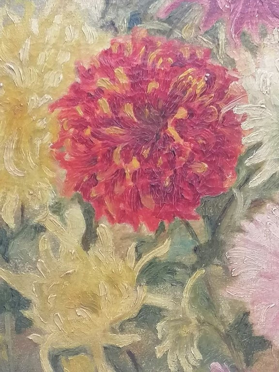 Le Bouquet De Fleurs  « dahlia » - XIXème - Peinture à l'Huile Sur Tambourin -photo-3