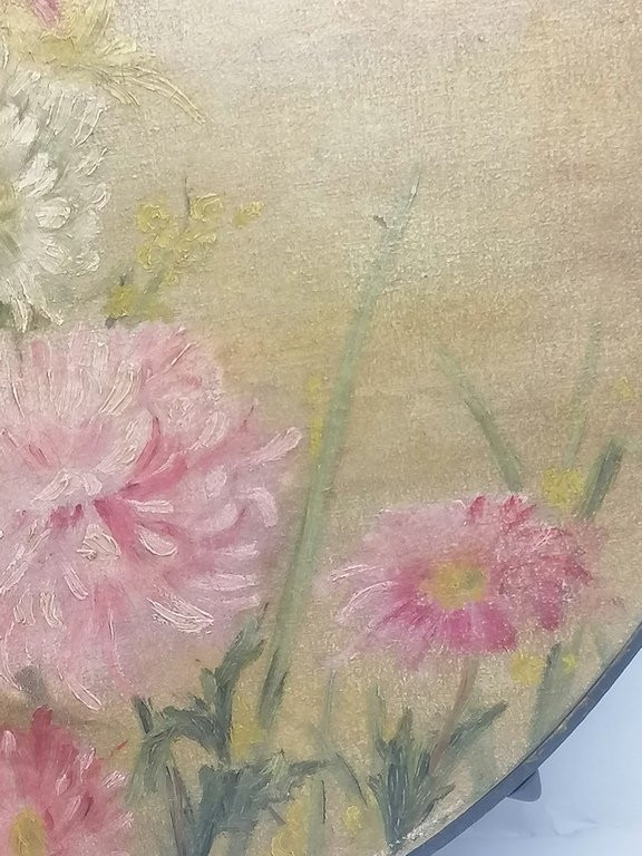 Le Bouquet De Fleurs  « dahlia » - XIXème - Peinture à l'Huile Sur Tambourin -photo-2