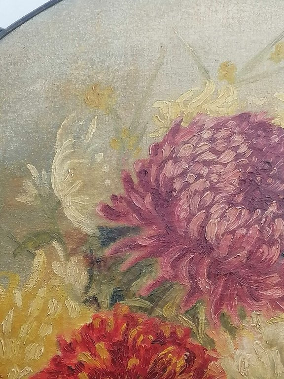 Le Bouquet De Fleurs  « dahlia » - XIXème - Peinture à l'Huile Sur Tambourin -photo-3