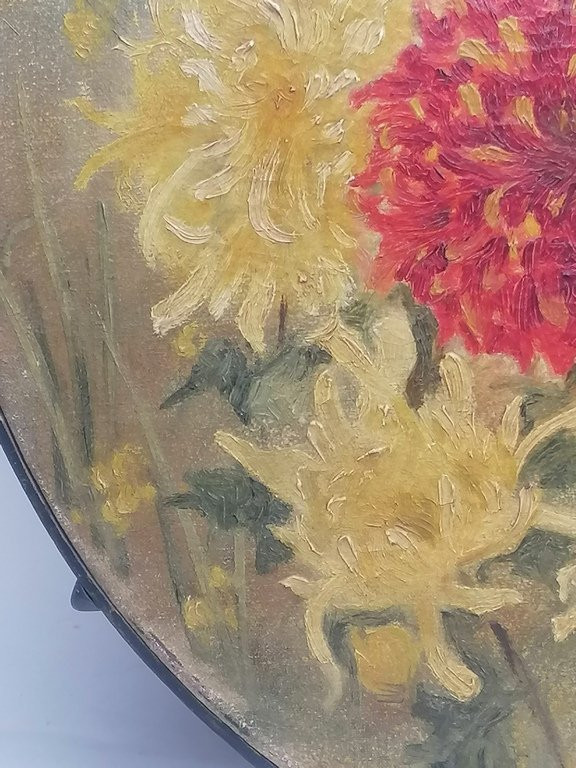 Le Bouquet De Fleurs  « dahlia » - XIXème - Peinture à l'Huile Sur Tambourin -photo-5