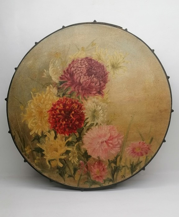 Le Bouquet De Fleurs  « dahlia » - XIXème - Peinture à l'Huile Sur Tambourin 