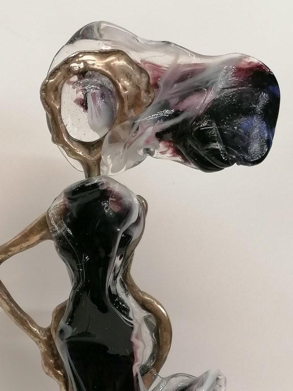 " Sculpture Signé Yves Lohe - Bronze Et Pâte De Verre - La Dame Aux Vents " -photo-2