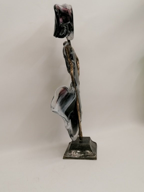 " Sculpture Signé Yves Lohe - Bronze Et Pâte De Verre - La Dame Aux Vents " -photo-1