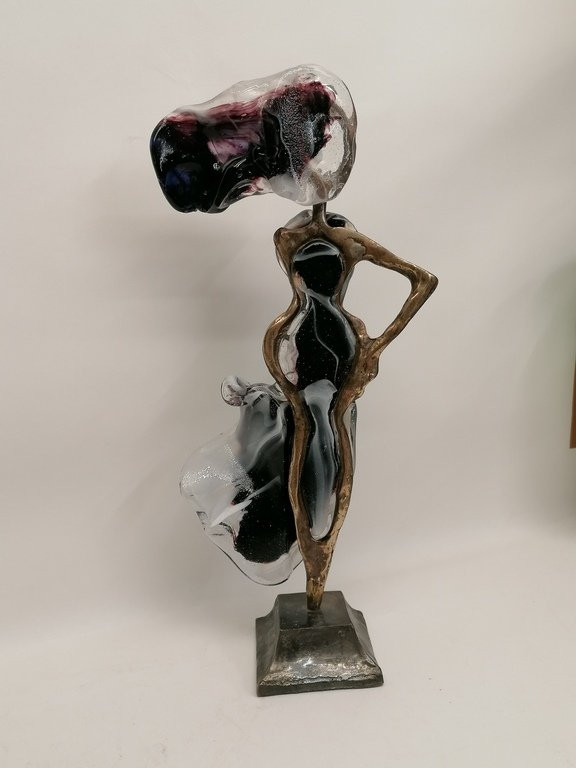 " Sculpture Signé Yves Lohe - Bronze Et Pâte De Verre - La Dame Aux Vents " -photo-2